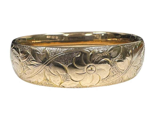 Gold Filled Yellow Wide Bangle Bracelet with Floral Design - Elegant Boho Jewelry
