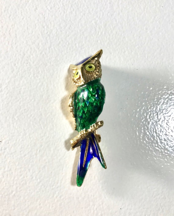 Yellow Gold Blue and Green Enamel Owl Pin; Owl Pin