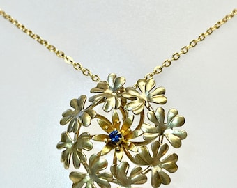 Elegant Gold Floral Pendant with Blue Stone - Vintage Bouquet Jewelry Piece