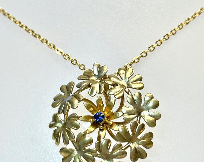 Elegant Gold Floral Pendant with Blue Stone - Vintage Bouquet Jewelry Piece