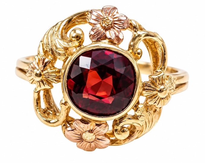 Vintage 10K Yellow Gold Garnet Ring, Floral Filigree Statement Ring