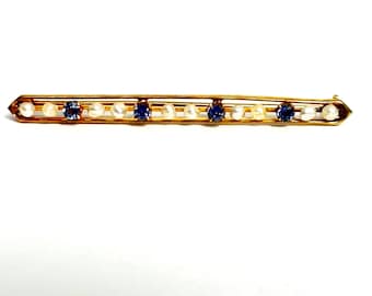 Vintage 14k Gold Blue Sapphire & Pearl Bar Pin Brooch