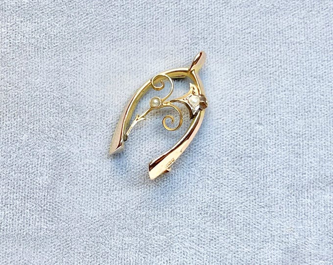 Hallmarked Yellow Gold Wishbone Pin with Pearls, Yellow Gold Pearl Brooch, Antique Hallmarked Pin, Antique Brooch, English Hallmark Pin