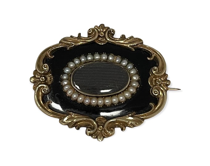 Antique Yellow Gold Black Enamel and Pearl Mourning Pin and Pendant, Mourning Brooch, Black Enamel and Pearl Brooch, Hair Jewelry