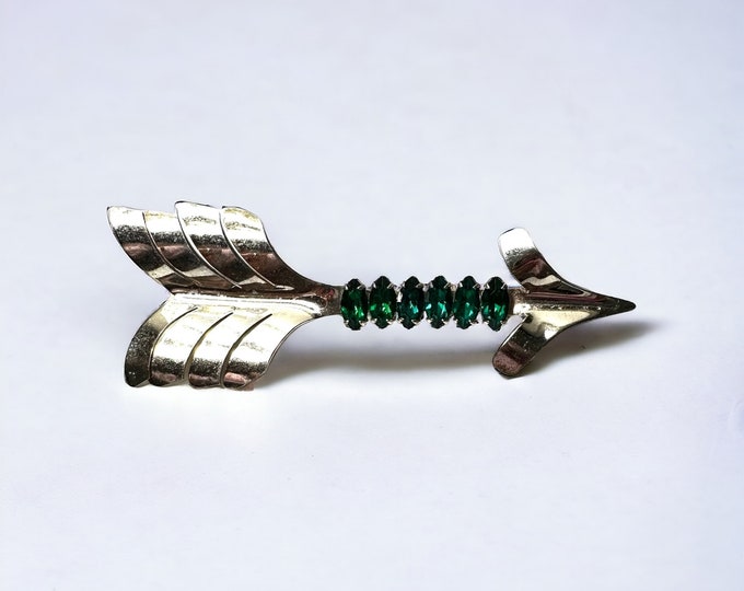 Sparkling Statement Piece: Sterling Silver Brooch featuring 6 Marquise Cut Green Rhinestones