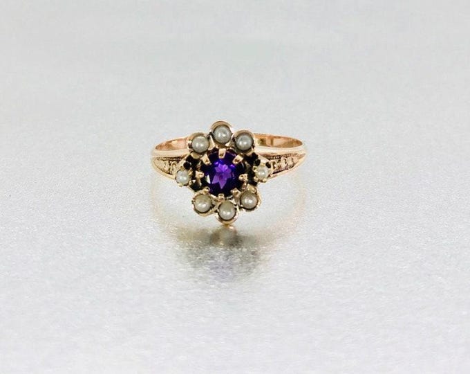 Yellow Gold Amethyst and Pearl Ring, Antique Amethyst Ring, Victorian Amethyst and Pearl Ring, February Birthstone, Birthstone Ring