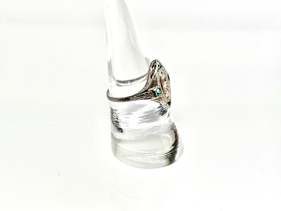 Edwardian 18K White Gold Diamond & Lab Emerald Fi… - image 6