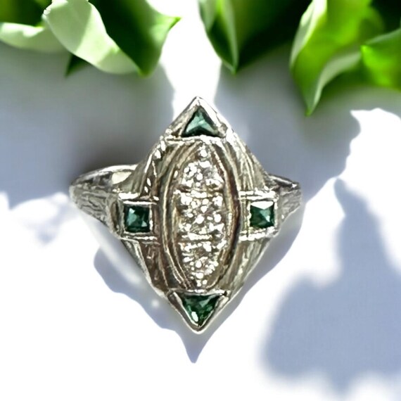 Edwardian 18K White Gold Diamond & Lab Emerald Fi… - image 10