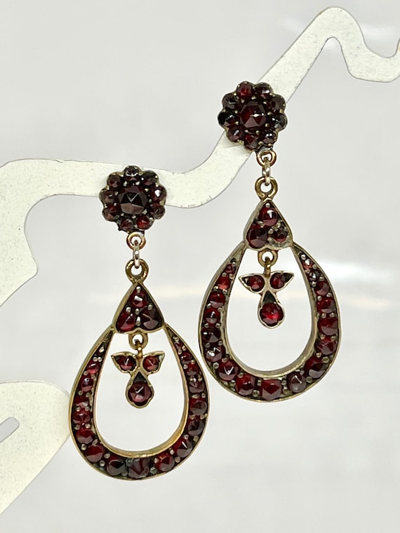 Antique Garnet Pierced Dangle Earrings, Vintage Ga