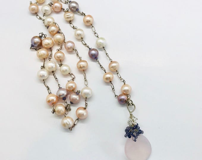 Sterling Silver Fresh Water Pearl Necklace, Rose Quartz Necklace, Amethyst Necklace, Vintage Necklace, Long Necklace