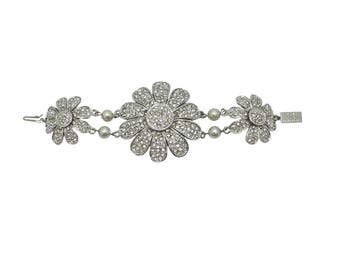 Vintage De Liguoro Rhinestone and Faux Pearl Flower Bracelet, High End Italian Costume Jewelry