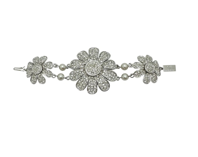 Vintage De Liguoro Rhinestone and Faux Pearl Flower Bracelet, High End Italian Costume Jewelry