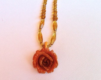Recycled Plastic Bead Necklace with Rose Pendant: Up-cycled Jewelry