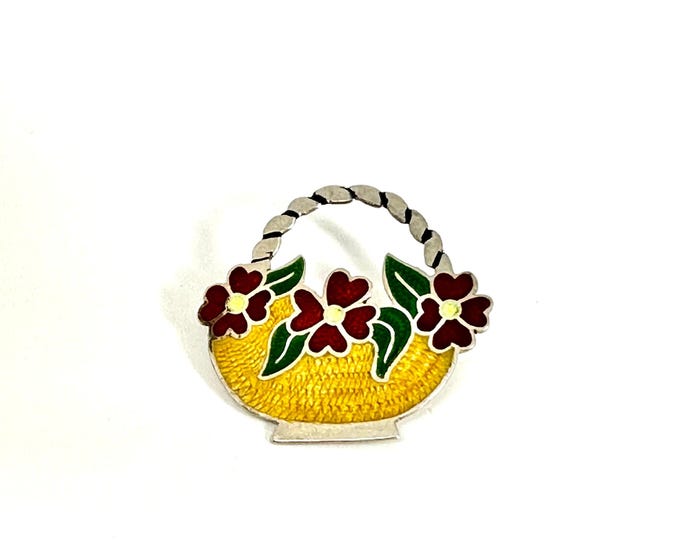 Vintage Hallmarked Sterling Silver and Enamel Basket with Red Flowers Brooch, Flower Brooch, Jose Frederico Enamel Pin