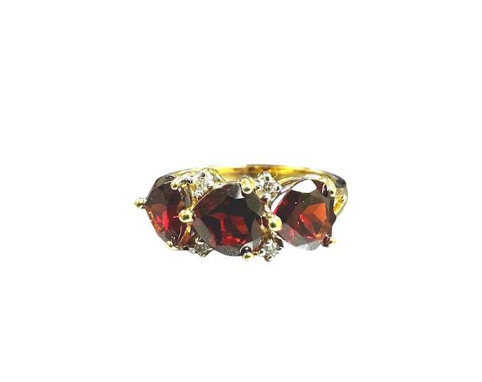 Vintage 14K Yellow Gold Garnet Diamond Ring -Red Gemstone Jewelry
