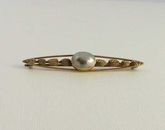 Yellow Gold Pearl Bar Pin; Antique Pearl Pin; Vin… - image 1