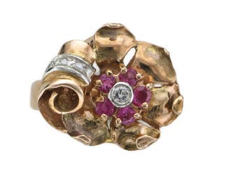 Ladies 14 Karat Yellow and Rose Gold Ruby and Diamond Art Deco Ring