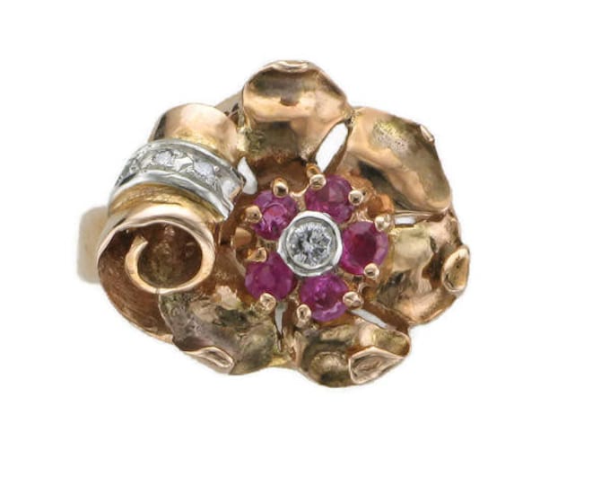 Ladies 14 Karat Yellow and Rose Gold Ruby and Diamond Art Deco Ring