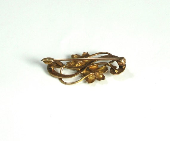 Dainty 10 Karat Yellow Gold Flower Pin with Two B… - image 2