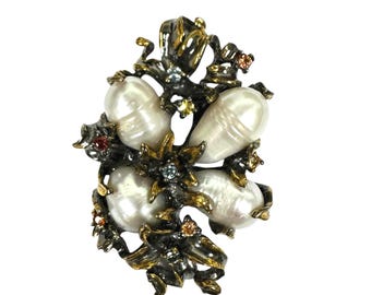 Sterling Silver Baroque Pearl Pendant withTourmaline, Sapphire & Garnet Accents