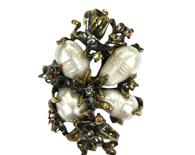 Sterling Silver Baroque Pearl Pendant withTourmaline, Sapphire & Garnet Accents