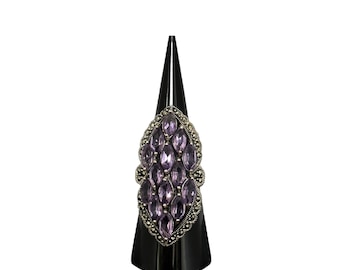 Unique Sterling Silver Ring with Amethyst and Marcasite--Sterling Silver Statement Ring