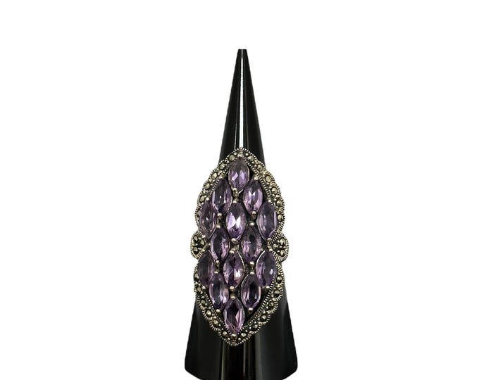 Unique Sterling Silver Ring with Amethyst and Marcasite--Sterling Silver Statement Ring