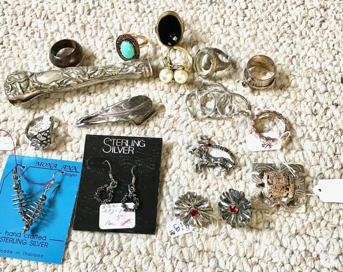 Collection of Odds and Ends, Bits and Pieces of Jewelry, Recycle Jewelry, Pin, Earrings, Rings, Puzzle Ring, C.Z. Ring