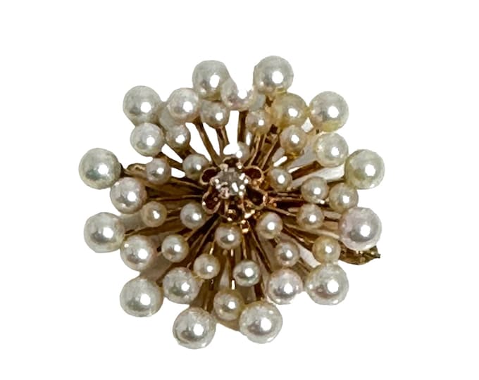Sunburst Pin or Pendant in 14 Karat Yellow Gold, Cultured Pearl and Old Mine Cut Diamond Cluster Pin or Pendant
