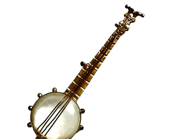 Antique 9 Carat Yellow Gold English Banjo Brooch, Hallmarked Banjo Brooch with Mother of Pearl