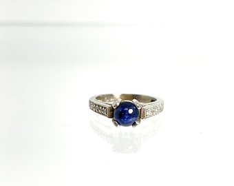 14 Karat White Gold Blue Sapphire and Diamond Ring, Vintage Sapphire and Diamond Ring