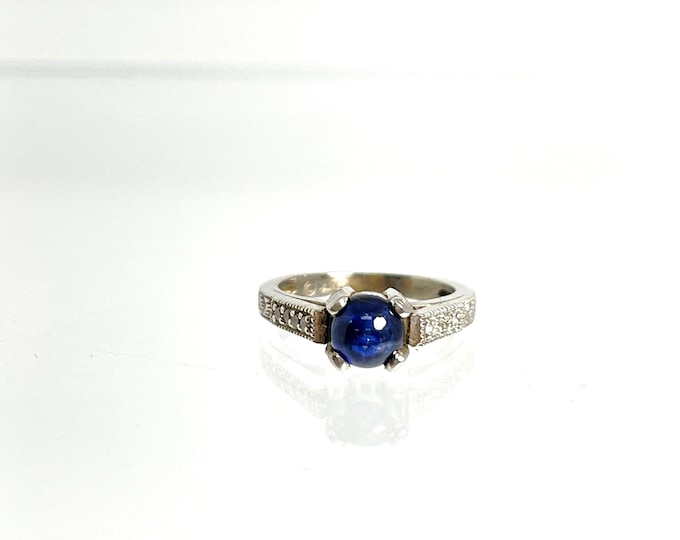 14 Karat White Gold Blue Sapphire and Diamond Ring, Vintage Sapphire and Diamond Ring