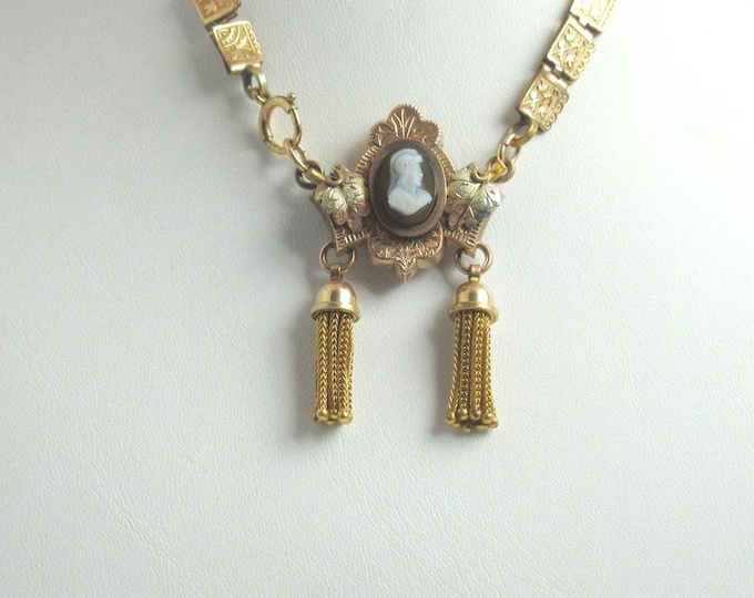 Victorian Gold Filled Book Chain with Cameo Watch Pin