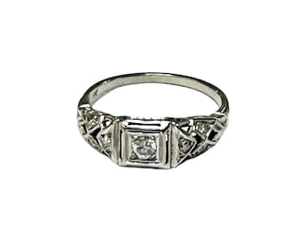 18K White Gold Diamond Art Deco Ring, Size 6.75, Authentic Antique Ring