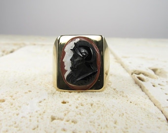 14 Karat Yellow Gold Cameo Ring, Two Headed Cameo Ring, Statement Ring