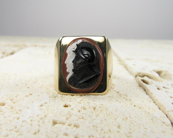 14 Karat Yellow Gold Cameo Ring, Two Headed Cameo Ring, Statement Ring