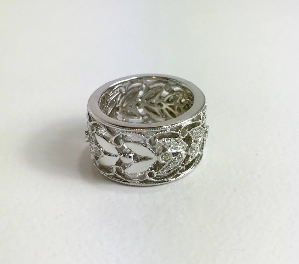 Wide Diamond Wedding Band, Filigree Diamond Wedding Ring, Wedding Band ...