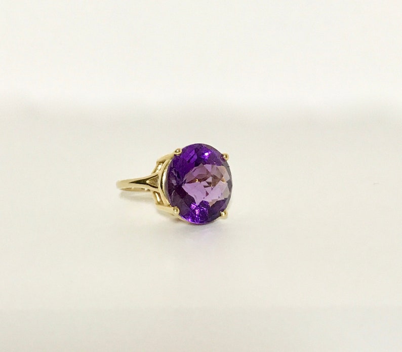 Yellow Gold Amethyst Ring, Vintage Amethyst Ring, Checkerboard Faceted Amethyst, Amethyst Solitaire image 2