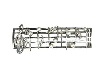 Sterling Silver Music Staff Brooch: Pearl Note Heads