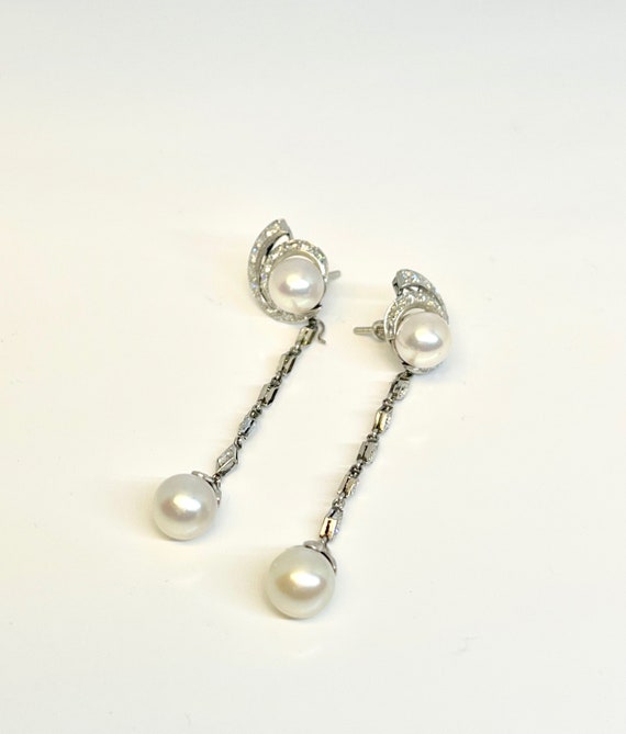 Vintage 14 Karat White Gold Diamond and Pearl Dan… - image 3