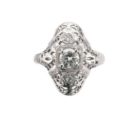 White Gold Diamond Filigree Ring, Antique Diamond… - image 1