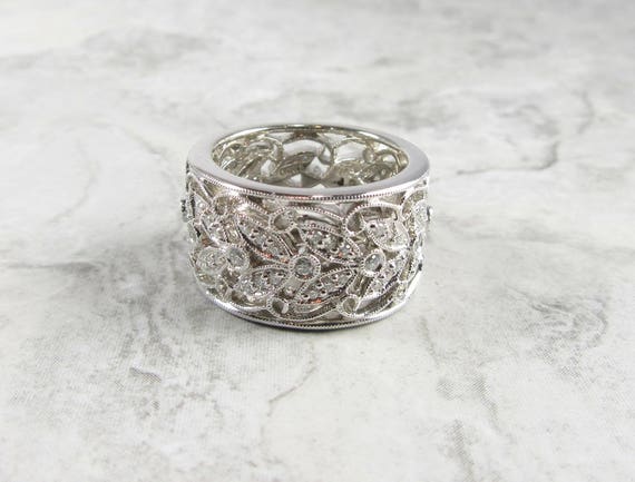 Wide Diamond Wedding Band, Filigree Diamond Weddi… - image 1