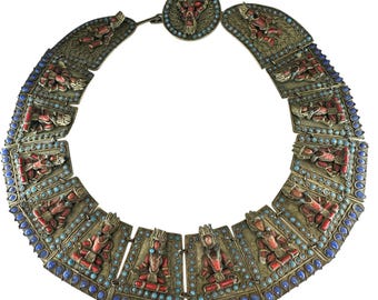 Vintage Tibetan and Coral Turquoise Collar Necklace, Himalayan Statement Jewelry