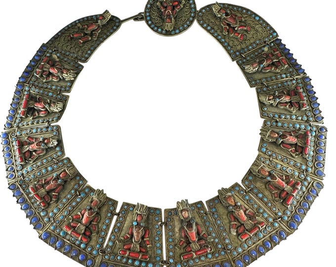 Vintage Tibetan and Coral Turquoise Collar Necklace, Himalayan Statement Jewelry