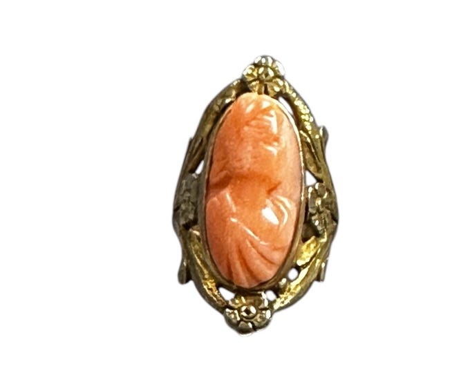 Yellow Gold Art Nouveau Coral Cameo Ring - 10K Vintage Jewelry