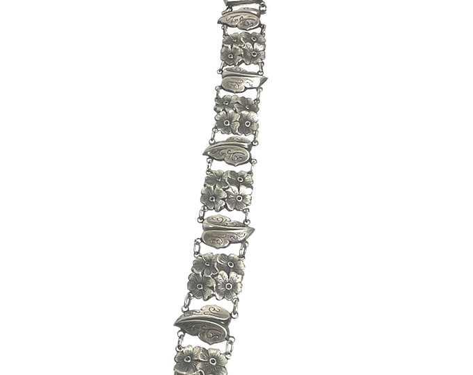 Antique Flower and Leaf Link Silver Bracelet, Vintage Link Bracelet, Floral Design Link Bracelet, Vintage Sterling Silver Link Bracelet