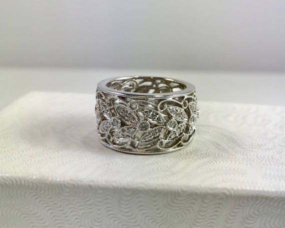 Wide Diamond Wedding Band, Filigree Diamond Weddi… - image 8