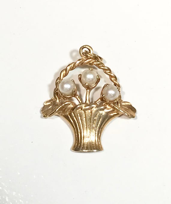 Yellow Gold Flower Basket Charm, Flower Basket Pe… - image 1