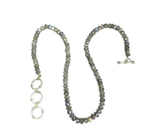 Vintage Faceted Labradorite Bead Necklace with Silver Tone Clasp