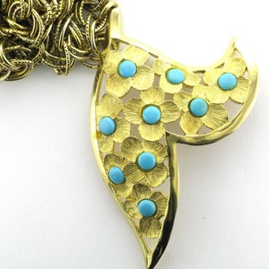 1960's Gold Tone Fun Necklace with Faux Turquoise Flower Design Pendant Faux Turquoise Pendant Long Necklace Great Necklace to Layer image 1